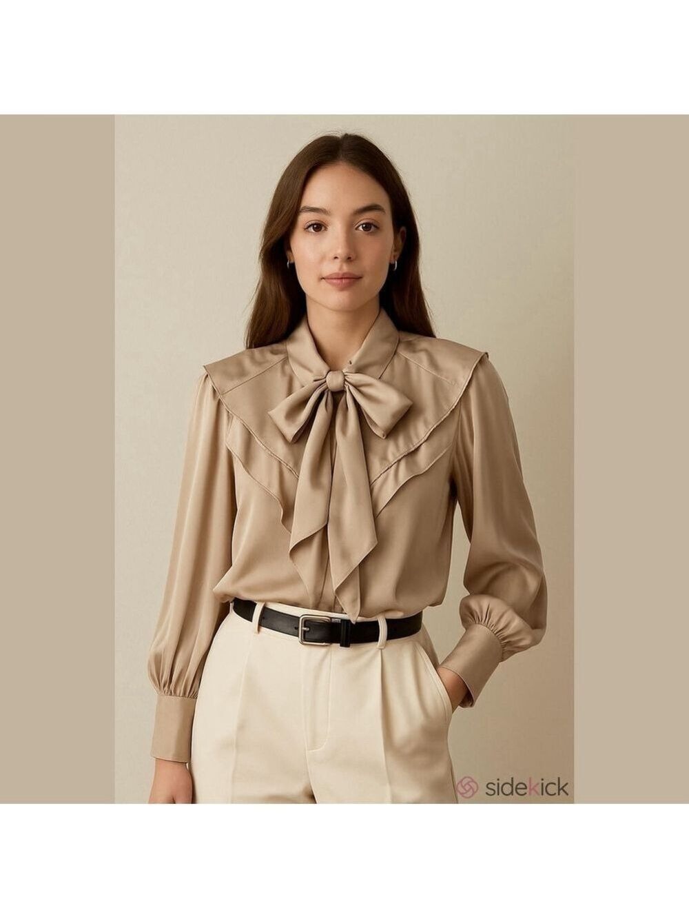 VINTAGE BERIN satin blouse top button front ruffle layers neck ties taupe large